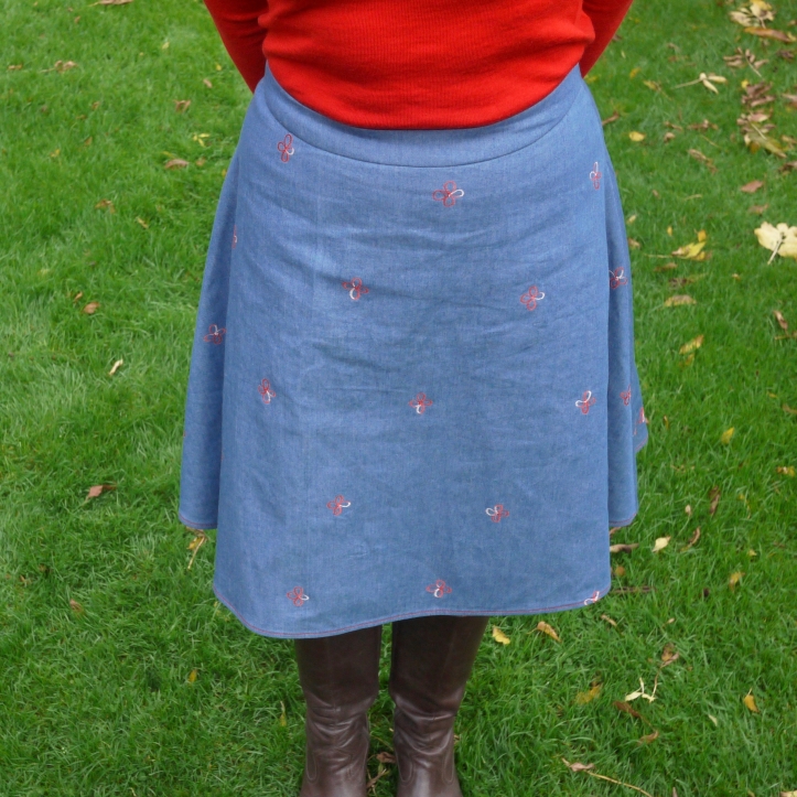 Embroidered flared denim skirt